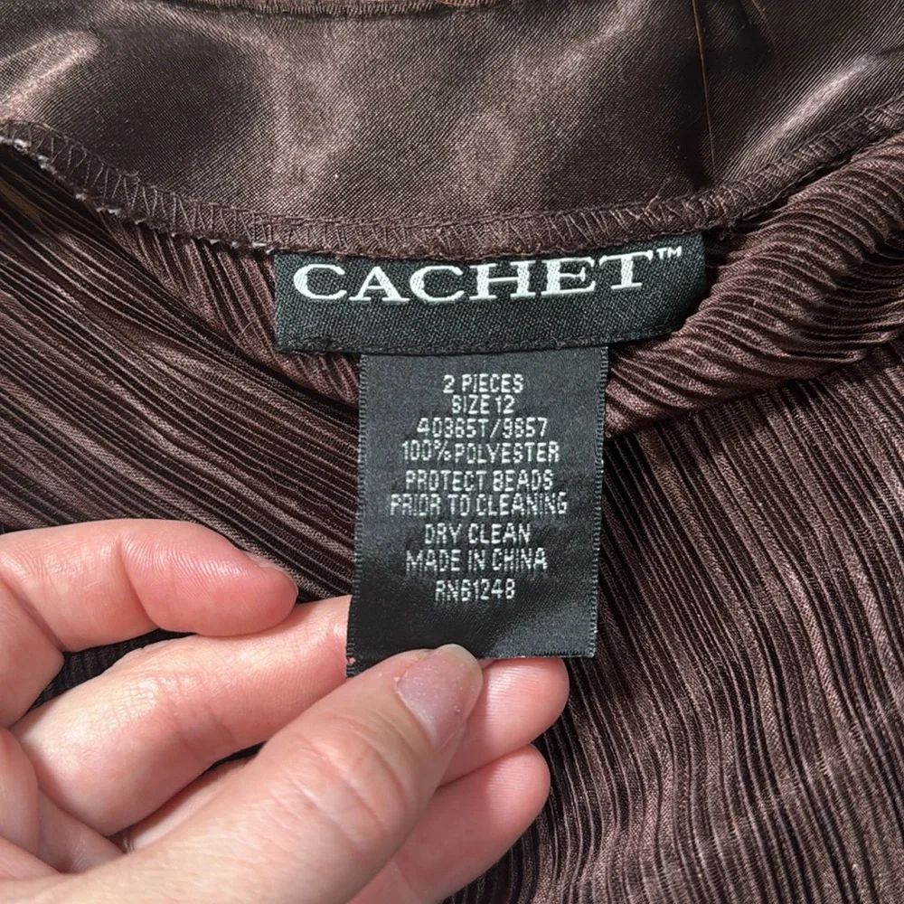 Cachet Brown Accordion Pleated Silky Blouse Cardigan